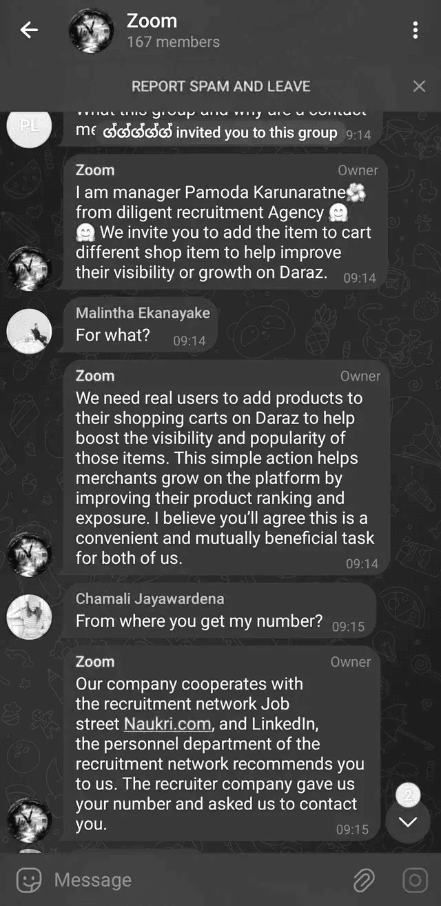 Captura de tela de chat suspeito onde um suposto gerente recruta usuários para tarefas em e-commerce, alegando ter obtido dados no LinkedIn. Tom de golpe digital e invasão de privacidade.