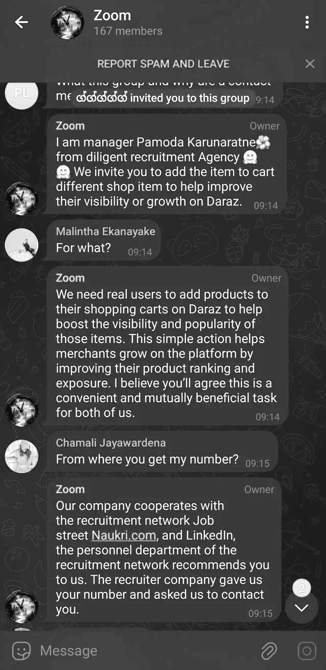 Captura de tela de chat suspeito onde um suposto gerente recruta usuários para tarefas em e-commerce, alegando ter obtido dados no LinkedIn. Tom de golpe digital e invasão de privacidade.