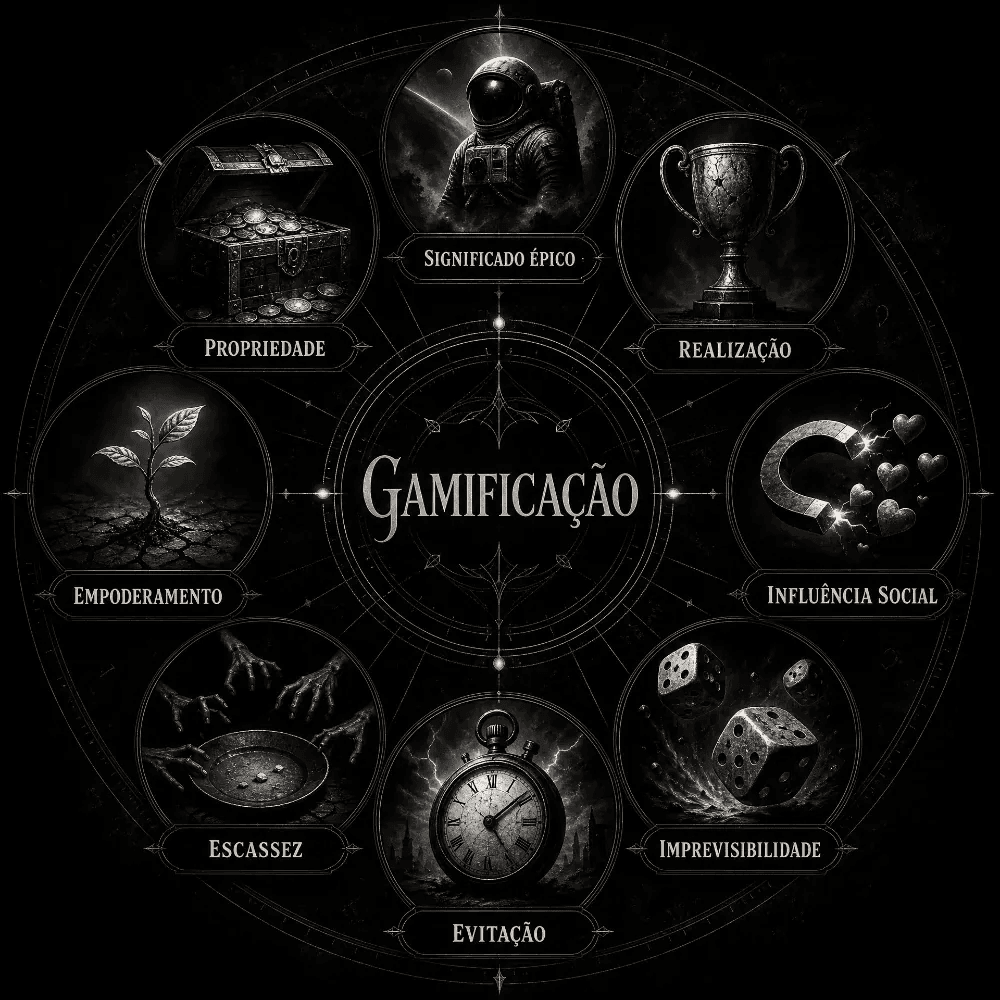Diagrama circular de Gamificação em estilo alquímico sombrio. Oito categorias, como Escassez e Evitação, são ilustradas com ícones simbólicos como mãos esqueléticas e um relógio antigo.