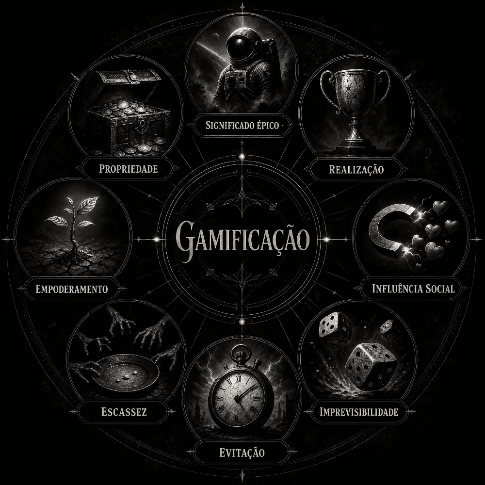 Diagrama circular de Gamificação em estilo alquímico sombrio. Oito categorias, como Escassez e Evitação, são ilustradas com ícones simbólicos como mãos esqueléticas e um relógio antigo.