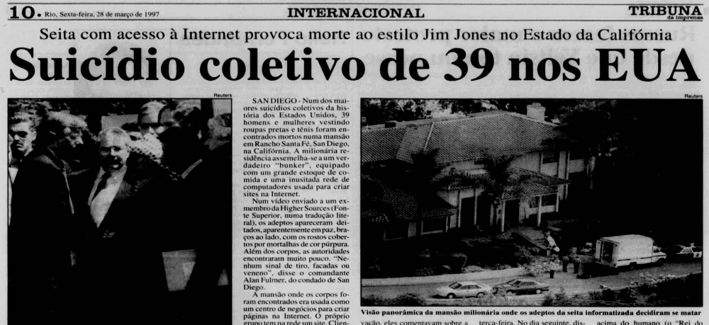 Recorte de jornal de 1997 com a manchete Suicídio coletivo de 39 nos EUA. Detalha a tragédia da seita Heaven's Gate, com fotos da mansão e autoridades no local. Estilo documental e mórbido.