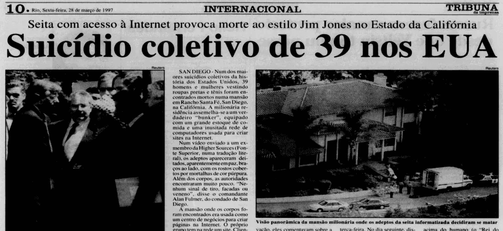 Recorte de jornal de 1997 com a manchete Suicídio coletivo de 39 nos EUA. Detalha a tragédia da seita Heaven's Gate, com fotos da mansão e autoridades no local. Estilo documental e mórbido.