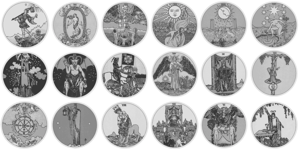 Grade com dezoito medalhões circulares contendo ilustrações clássicas dos Arcanos Maiores do tarot em tons de cinza.