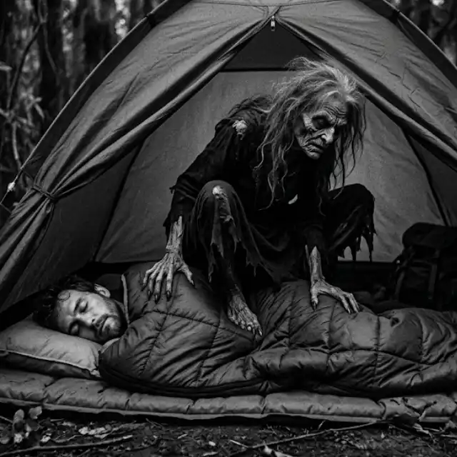 Criatura macabra e envelhecida, com longos cabelos e dedos esqueléticos, paira sobre um homem adormecido em uma barraca de acampamento. Atmosfera de terror e invasão.