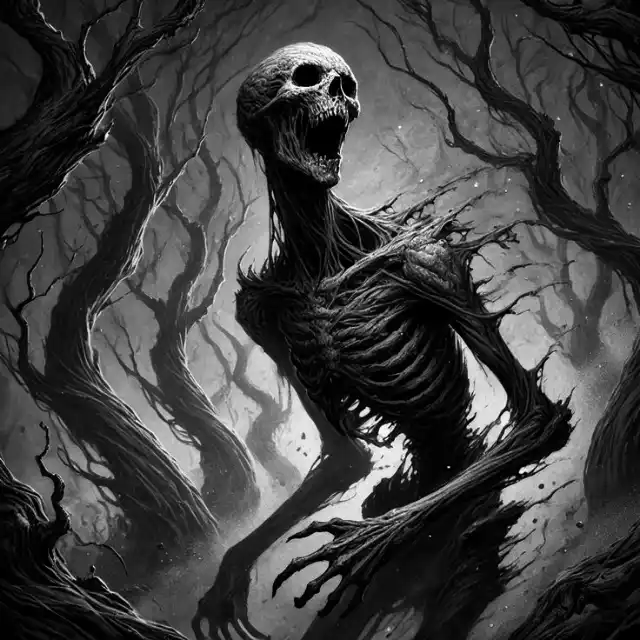 Figura humanoide esquelética e ressecada em uma floresta de árvores retorcidas. A criatura tem a boca aberta em um grito agonizante. Estilo gótico e sombrio em tons de cinza.