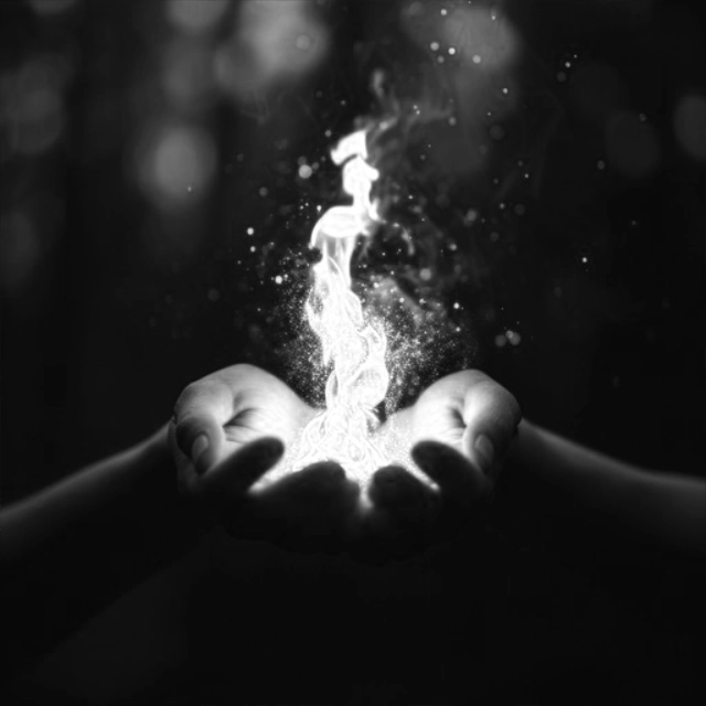 Par de mãos em concha segurando uma chama branca brilhante que emana luz e partículas etéreas. O fundo escuro foca na energia sobrenatural e mágica contida no gesto.