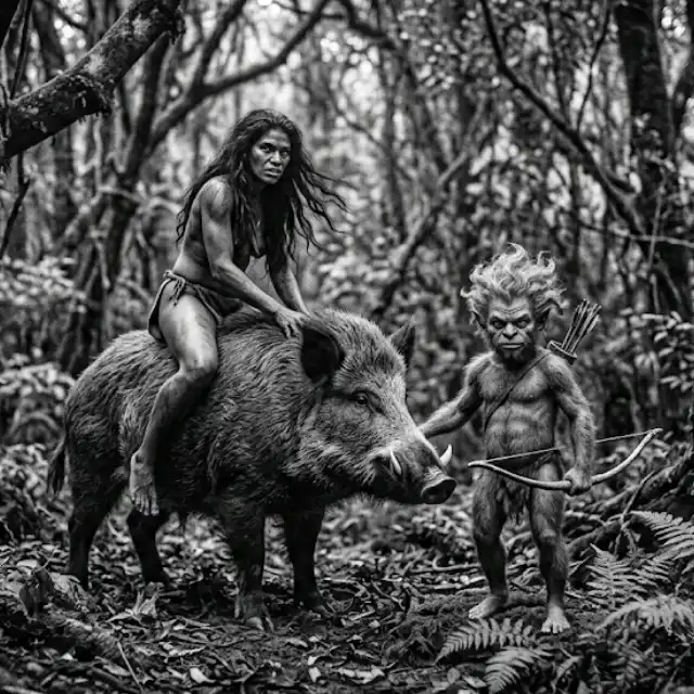 Mulher de aparência primitiva montada em um javali gigante, acompanhada por uma pequena criatura humanoide com arco e flecha em uma selva densa. Cena de fantasia rústica.