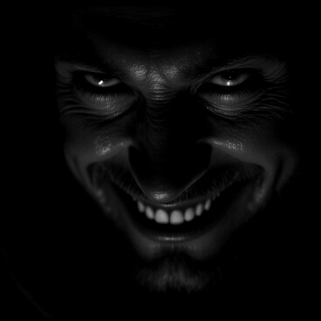Rosto masculino em close-up, emergindo da escuridão total. Iluminação dramática destaca um sorriso maligno, dentes cerrados e olhos fixos e intensos.