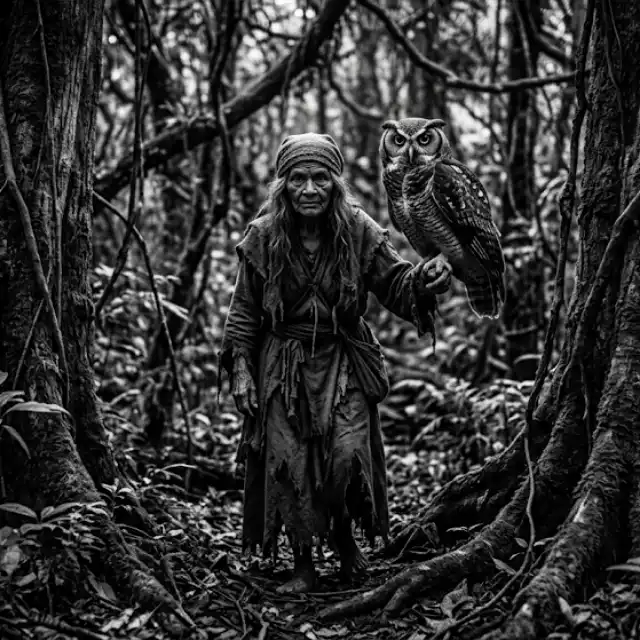 Mulher idosa com roupas rústicas e maltrapilhas caminha por uma floresta densa carregando uma grande coruja no braço. Estética de folclore antigo e mistério.
