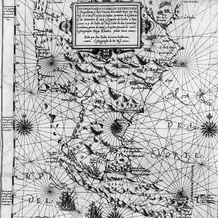 Mapa de navegação em preto e branco com linhas de rumo e anotações em espanhol. Desenhos de caravelas e rosas dos ventos indicam exploração.