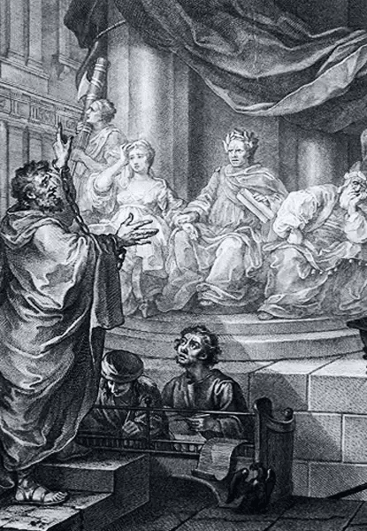Gravura em preto e branco retratando uma cena de tribunal romano. No centro, sentado em trono elevado, está o imperador Calígula, vestido com toga e coroa, observando com expressão severa. À esquerda, um homem de túnica ergue os braços em súplica ou defesa, enquanto dois escribas anotam abaixo dele. Ao fundo, figuras femininas e cortinas dramáticas completam a composição arquitetônica clássica.