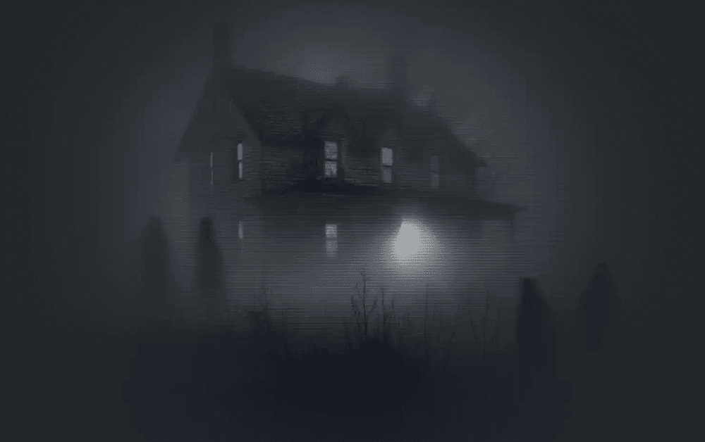 Residência isolada envolta em névoa densa durante a noite. Apenas uma luz brilha na varanda, criando clima de puro suspense.