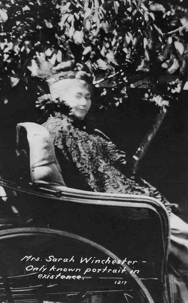 Retrato raro de Sarah Winchester em sua carruagem. Foto histórica em preto e branco com legenda sobre sua identidade.