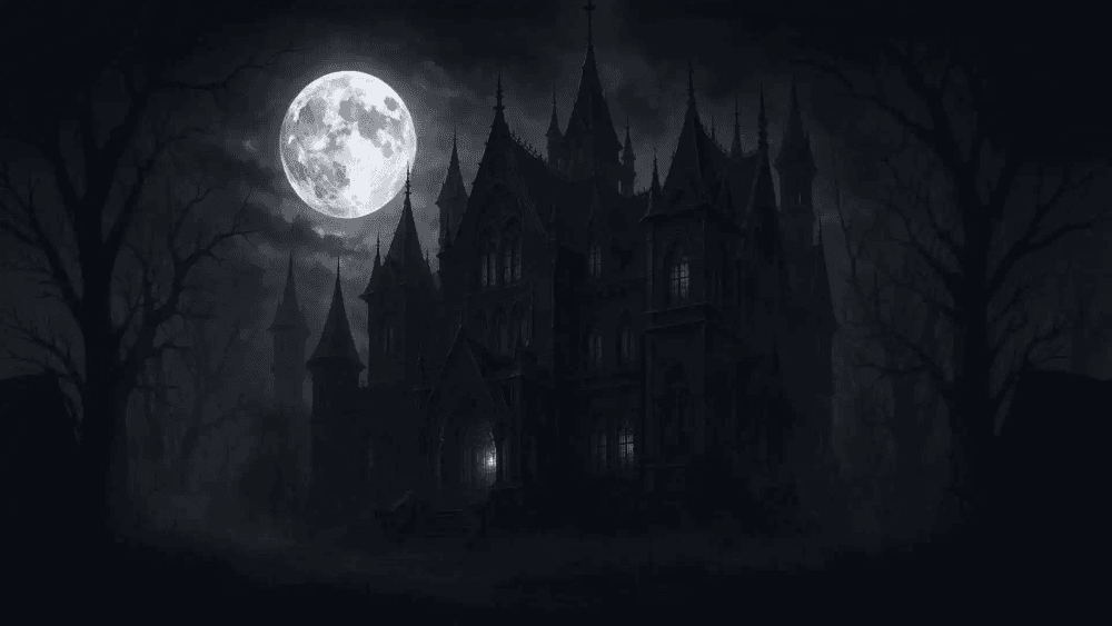 Fortaleza imponente com torres pontiagudas sob uma lua cheia vibrante e nuvens carregadas. Estética clássica de horror em P&B.