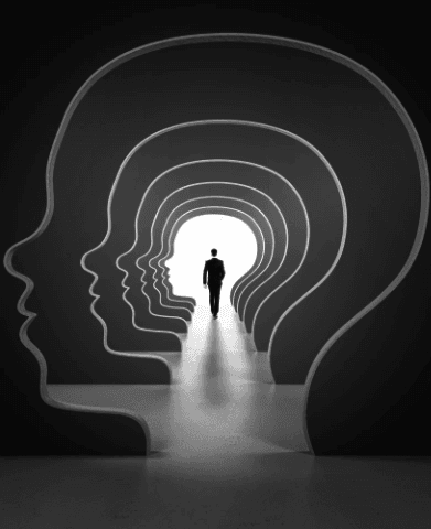 Homem caminha rumo à luz em túnel feito de silhuetas de perfis humanos. Conceito de introspecção ou transição espiritual em P&B.