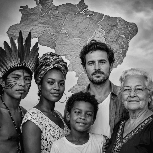 Retrato em preto e branco de cinco pessoas de diferentes gerações e etnias brasileiras à frente de um mapa do Brasil. Foco em ancestralidade e raízes históricas.