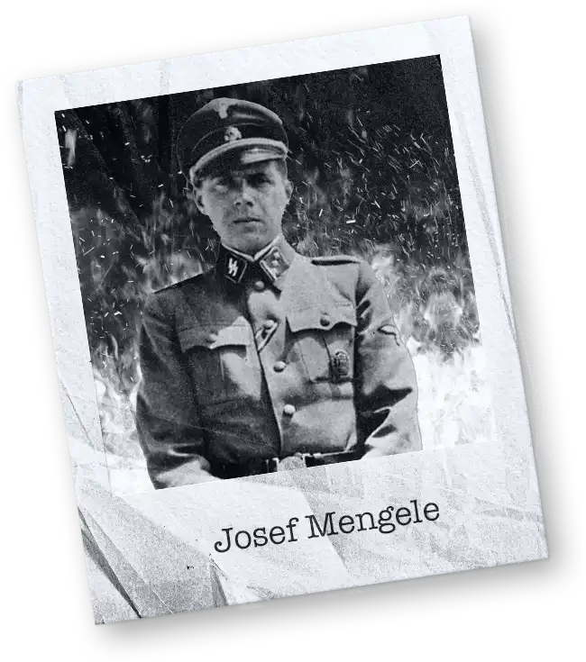 Josef Mengele fardado como oficial da SS nazista. O fundo em chamas e a moldura Polaroid sugerem um julgamento histórico pelo fogo.