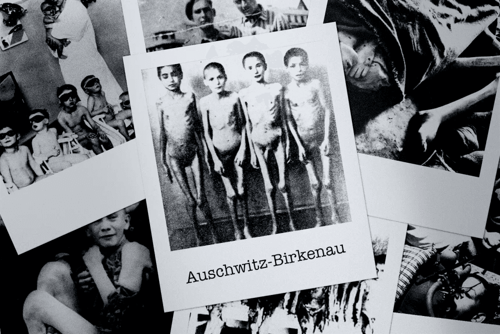 Conjunto de fotos de Auschwitz-Birkenau. A imagem central foca em quatro crianças desnutridas em um exame médico após a libertação do campo.