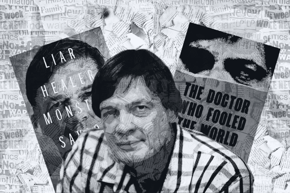 Arte editorial com o rosto de Wakefield sob o título THE DOCTOR WHO FOOLED THE WORLD. Recortes de jornal exibem palavras como Liar e Monster.
