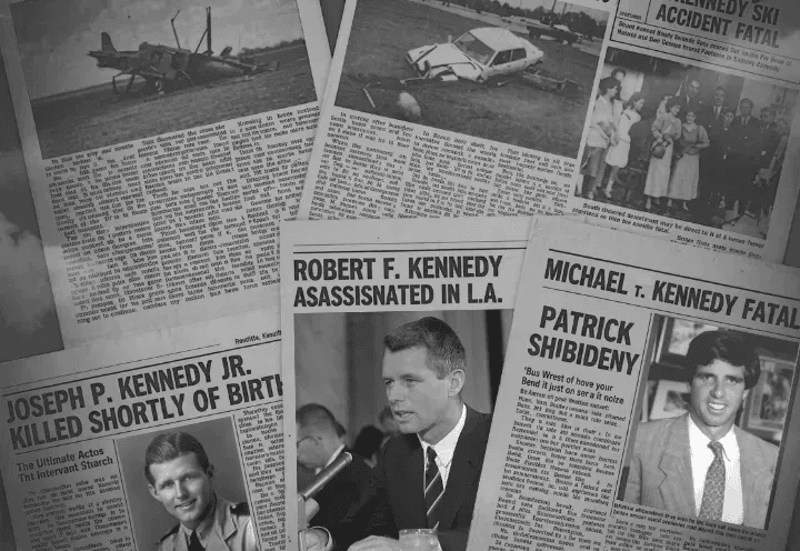 Colagem de manchetes de jornal antigas em preto e branco sobre assassinatos e acidentes envolvendo os Kennedys.