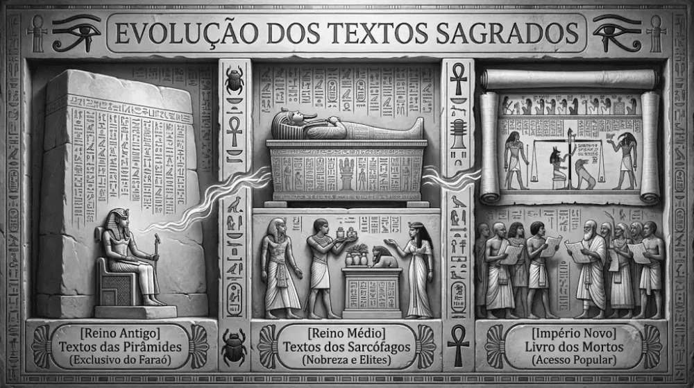 Infográfico em estilo relevo sobre a evolução dos textos sagrados egípcios: Textos das Pirâmides, dos Sarcófagos e o Livro dos Mortos, mostrando a jornada da alma.