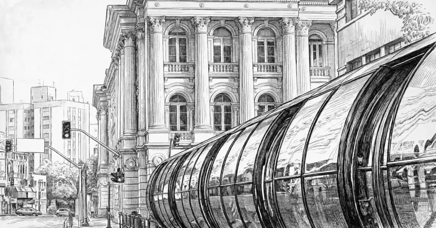 Ilustração com ar vitoriano em tom sépia da praça Osório a noite