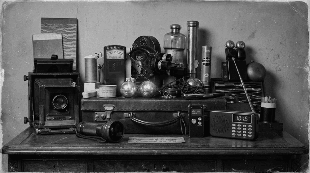 Ferramentas de investigação paranormal sobre mesa de madeira em P&B. Inclui câmeras antigas, lanternas e rádio. Uma placa indica: Equipamento de Investigação Paranormal, circa 1910.