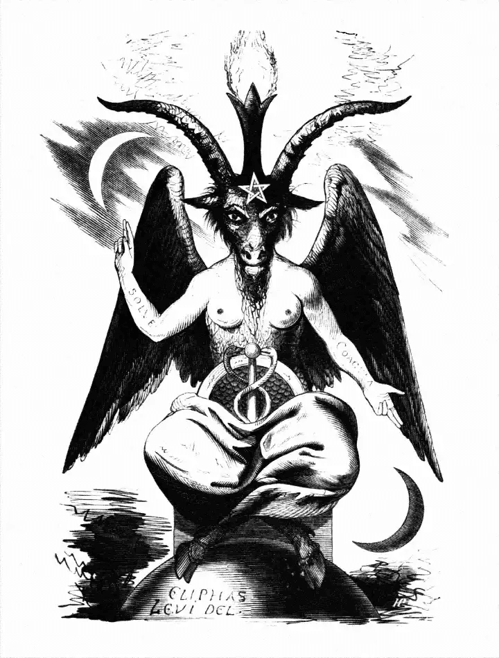 Ilustração clássica do Baphomet de Éliphas Lévi. Criatura hermafrodita com cabeça de bode, asas e um pentagrama na testa, sentada entre duas luas sob a inscrição Solve et Coagula.