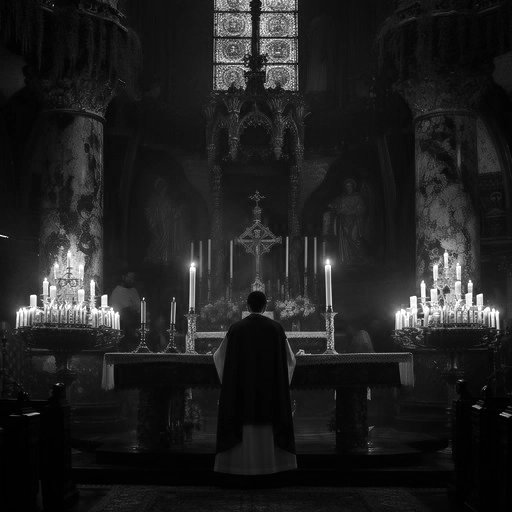 nterior de uma igreja gótica na penumbra. Um padre de costas diante de um altar ornamentado, cercado por dezenas de velas acesas que criam uma atmosfera mística e solene.