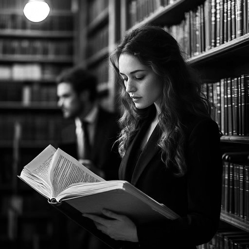 Mulher de expressão séria lendo um grande livro antigo em uma biblioteca escura. Estantes repletas de volumes e uma luz suave criam um clima de pesquisa oculta em preto e branco.