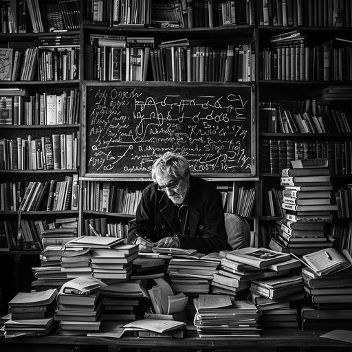 Homem idoso escreve em meio a pilhas caóticas de livros. Atrás dele, uma lousa está coberta por símbolos enigmáticos, fórmulas e diagramas misteriosos em um escritório sombrio.