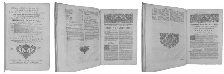 Páginas de um livro raro em latim sobre a história das indulgências. O papel envelhecido mostra tipografia clássica do século XVIII e brasões detalhados.