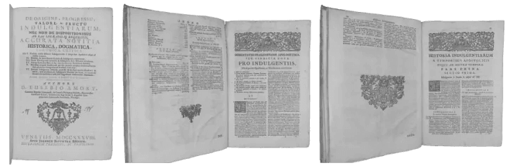 Páginas de um livro raro em latim sobre a história das indulgências. O papel envelhecido mostra tipografia clássica do século XVIII e brasões detalhados.