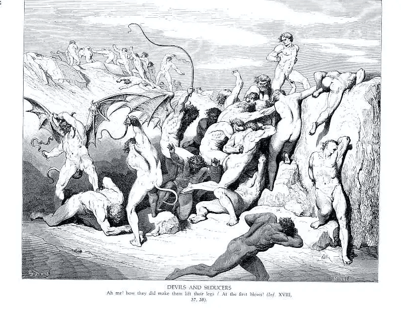 Demônios alados açoitam almas nuas em abismo profundo. Ilustração sombria e monumental de Gustave Doré.