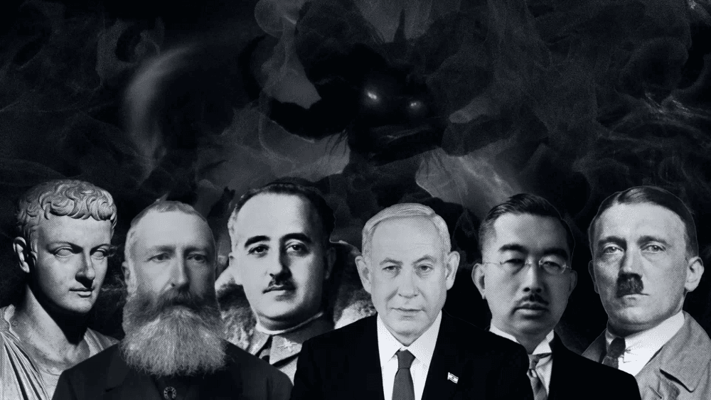 Colagem em preto e branco mostrando seis figuras históricas alinhadas horizontalmente: da esquerda para direita, um busto de Calígula, eopoldo II da Bélgica, Francisco Franco, Benjamin Netanyahu, Imperador Hirohito e Adolf Hitler. Ao fundo, imagem sombria e ameaçadora com aparência demoníaca.