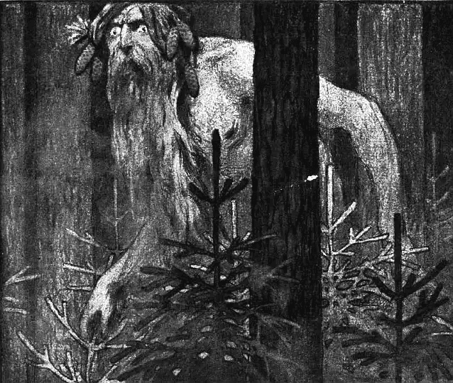 Ilustração folclórica em preto e branco de um gigante peludo e barbudo espreitando por trás de uma árvore com olhar fixo e perturbador.
