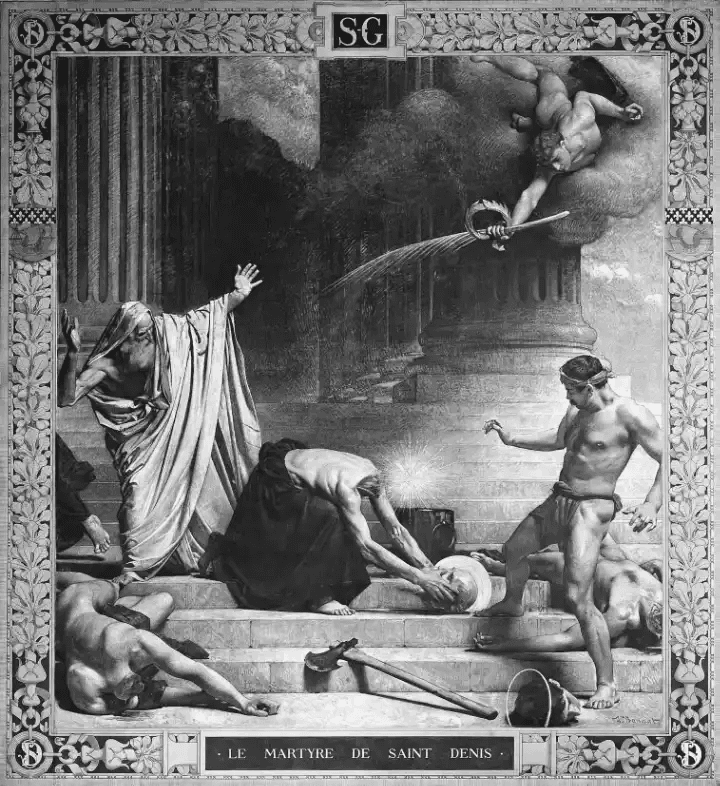 Pintura clássica em preto e branco 'O Martírio de São Dinis'. O santo ajoelhado segura a própria cabeça decapitada, cercado por soldados romanos e um anjo que desce dos céus com uma coroa.