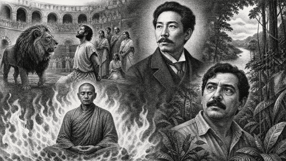 Ilustração composta unindo o monge Thích Quảng Đức em chamas, cristãos na arena com um leão, e retratos detalhados de figuras históricas como Chico Mendes e Sun Yat-sen em meio à natureza.