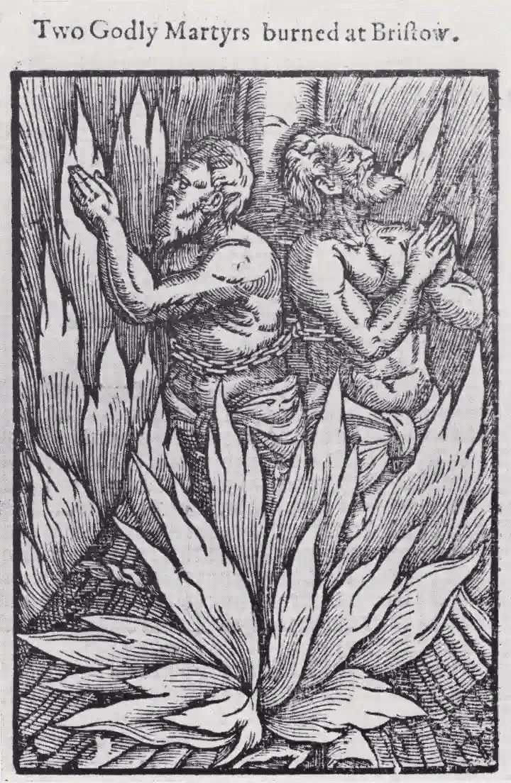 Xilogravura antiga intitulada 'Dois Mártires Piedosos queimados em Bristow'. Dois homens acorrentados de costas um para o outro são consumidos por grandes chamas enquanto mantêm as mãos em prece.