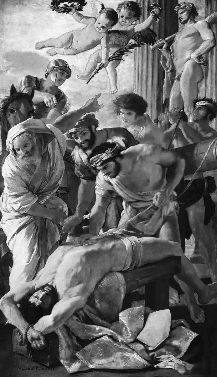 Pintura barroca retratando um mártir sofrendo tortura em uma mesa. Soldados e carrascos executam o suplício sob o olhar de figuras religiosas e anjos que flutuam no topo com símbolos de vitória.