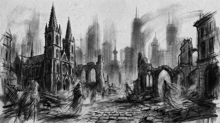 Esboço sombrio de uma cidade em ruínas onde uma catedral gótica convive com arranha-céus modernos. Vultos fantasmagóricos caminham entre escombros sob um céu carregado de névoa.