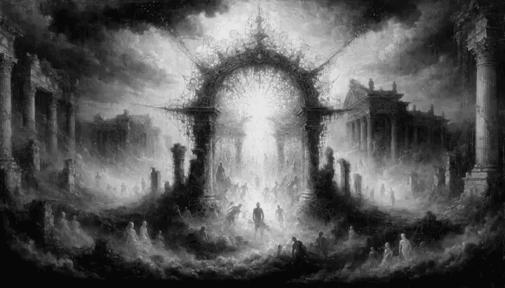 Cenário onírico de ruínas clássicas com um colossal portal místico ao centro. Multidões de figuras etéreas e translúcidas caminham em direção a uma luz branca intensa que emana do arco.
