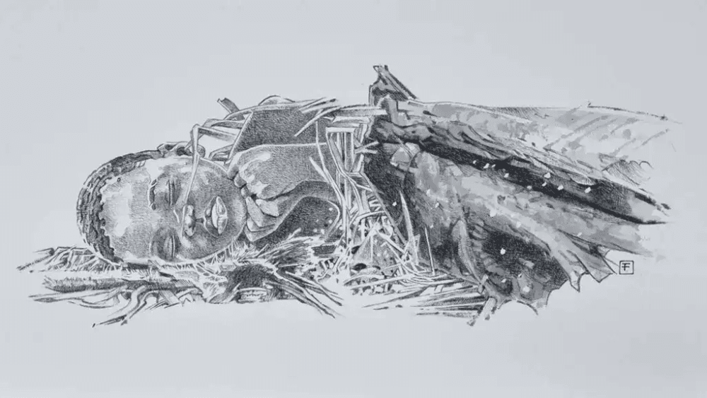Desenho detalhado de restos mortais esqueléticos repousando sobre palha seca. O rosto preservado em traços de grafite evoca um repouso eterno envolto em mistério arqueológico.