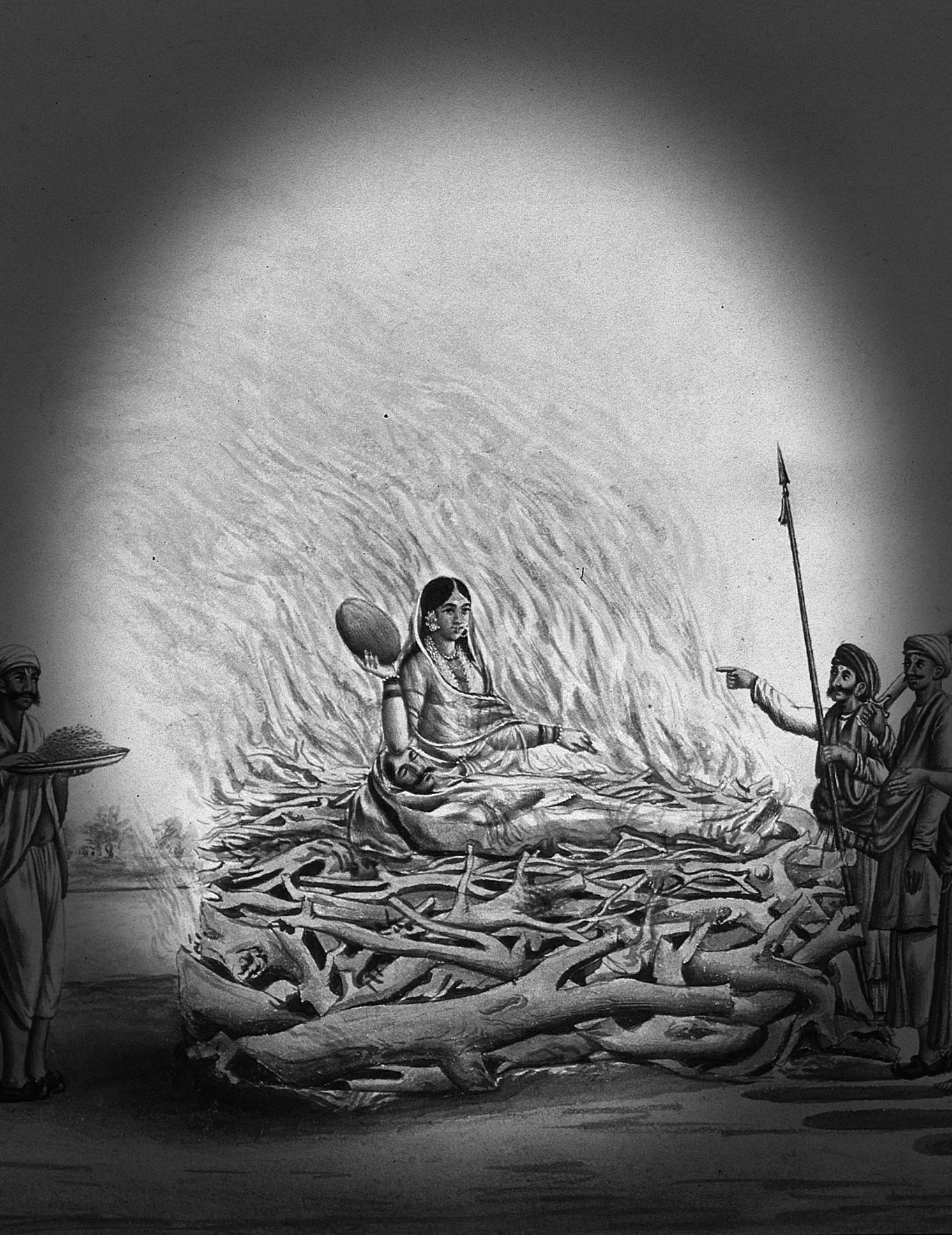 Gravura antiga do ritual de Sati: uma mulher sentada em uma pira funerária em chamas com o marido morto. O fogo alto e os observadores compõem uma cena dramática e sacrificial.