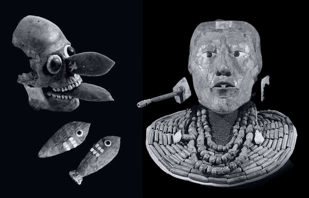 Máscaras maias rituais: um crânio com olhos e língua de pedra vulcânica e um rosto em mosaico de jade. Artefatos ancestrais que conectam o mundo físico ao espiritual.