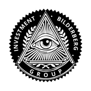 Selo Bilderberg: Emblema circular preto e branco do Bilderberg Investment Group. Apresenta o olho onisciente no triângulo, ramos de louro e faixas, em estilo de sinete oficial e enigmático.
