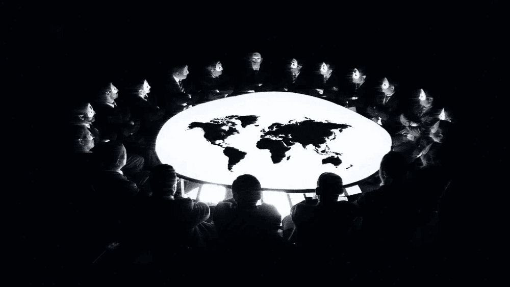 Reunião das Sombras: Figuras mascaradas sentadas ao redor de uma mesa circular intensamente brilhante que projeta o mapa-múndi. Atmosfera sombria de uma conferência secreta para controle global.