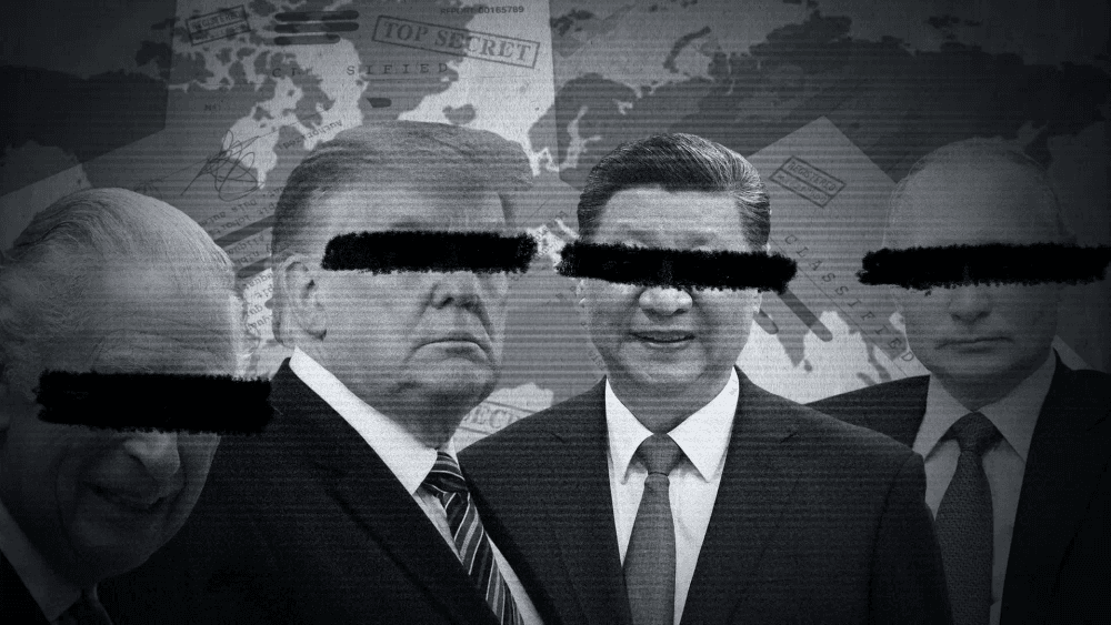 Líderes Censurados: Colagem em tons de cinza com líderes mundiais cujos olhos estão cobertos por tarjas pretas. Ao fundo, documentos com carimbos de Top Secret, evocando teorias da conspiração.