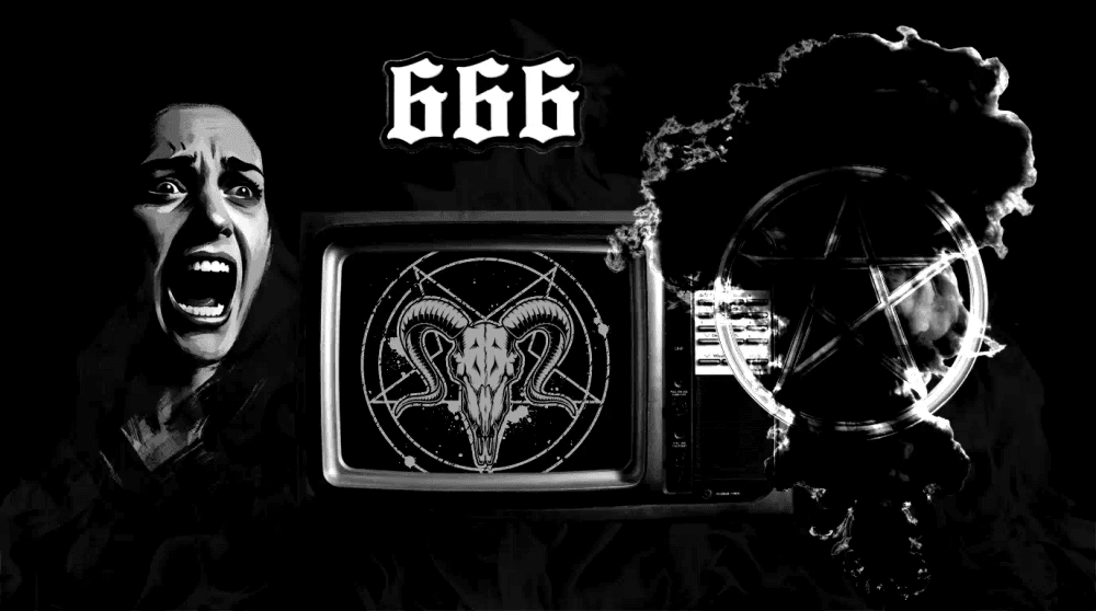 Montagem em preto e branco: rosto feminino em pânico, o número 666 e uma TV antiga com o crânio de um bode em um pentagrama. Símbolos ocultistas e fumaça criam uma cena de horror clássico.