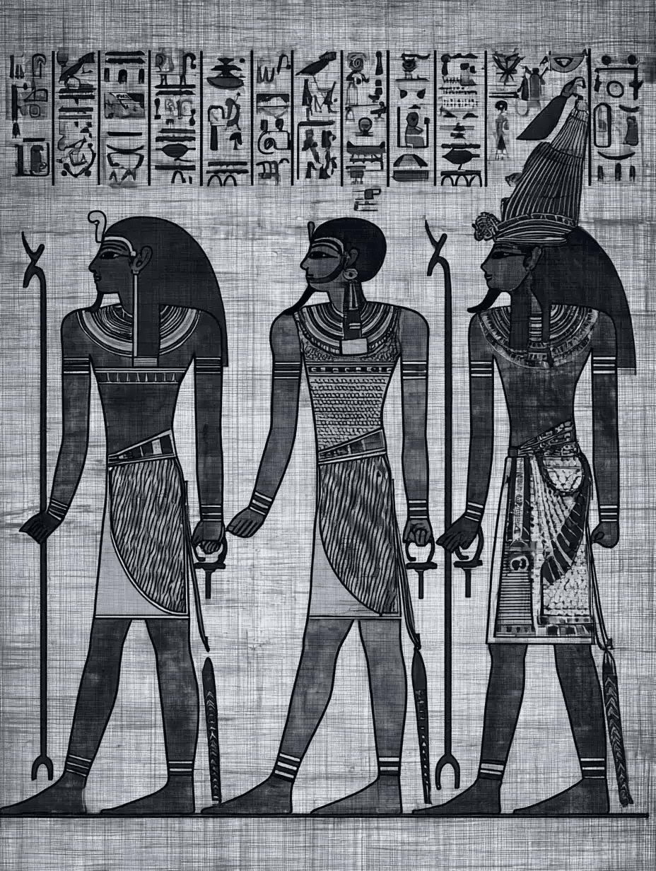 Ilustração em papiro de três divindades egípcias de perfil, segurando cetros e ankhs. Hieróglifos no topo reforçam a estética de um artefato antigo e enigmático.